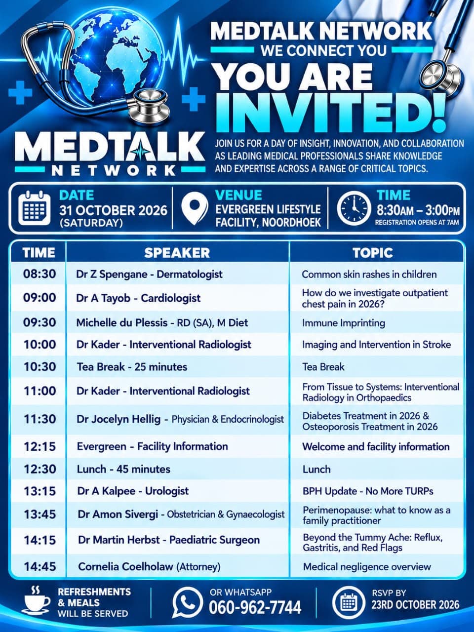 MedTalk Network invitation and programme for the 31 October 2026 event at Evergreen Lifestyle, Noordhoek